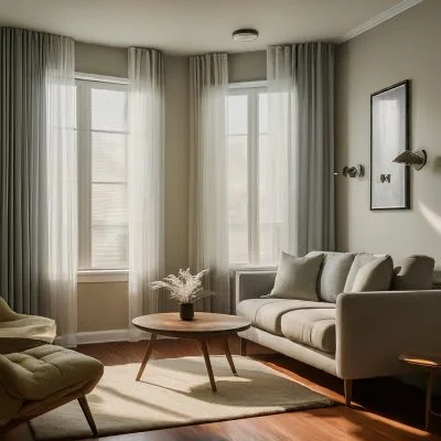 A living room with a brown couch, wooden coffee table, and two windows.